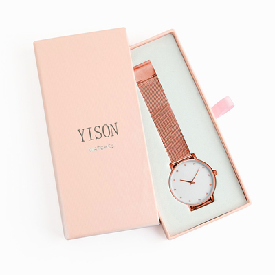 Custom Luxury Pink Rigid Hard Paper Sliding Packaging Watch Box With Drawer